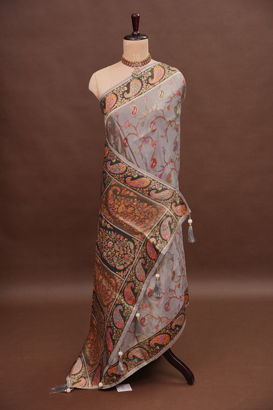 Kashmiri Pashmina Mellow Tissue Saree - Soft Grey