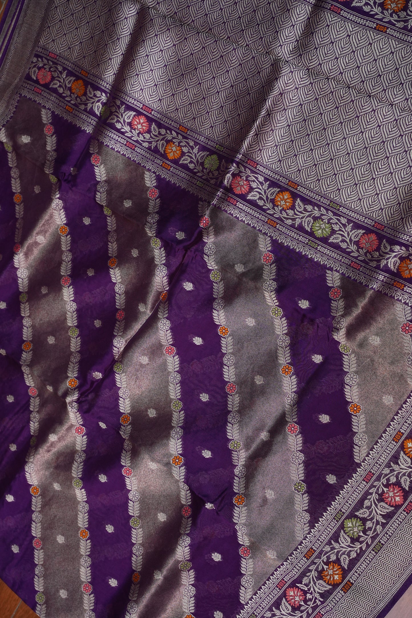 Mellow Tissue & Banarasi Fusion Saree with Meenakari Detailing – Deep Purple