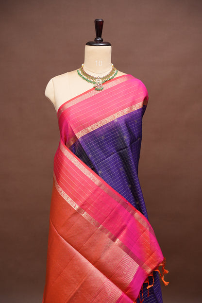 Pure Soft Silk Saree - Deep Purple with Pink & Orange