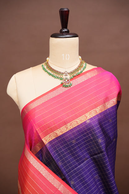 Pure Soft Silk Saree - Deep Purple with Pink & Orange