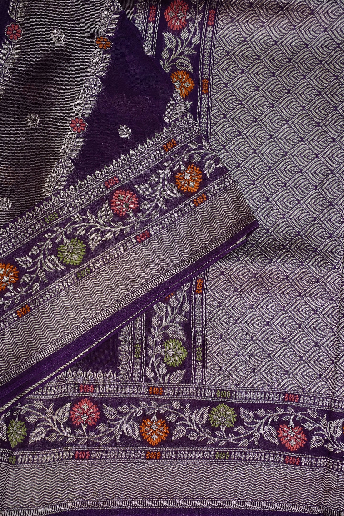 Mellow Tissue & Banarasi Fusion Saree with Meenakari Detailing – Deep Purple