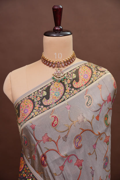 Kashmiri Pashmina Mellow Tissue Saree - Soft Grey