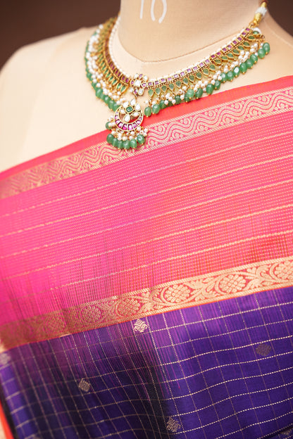 Pure Soft Silk Saree - Deep Purple with Pink & Orange