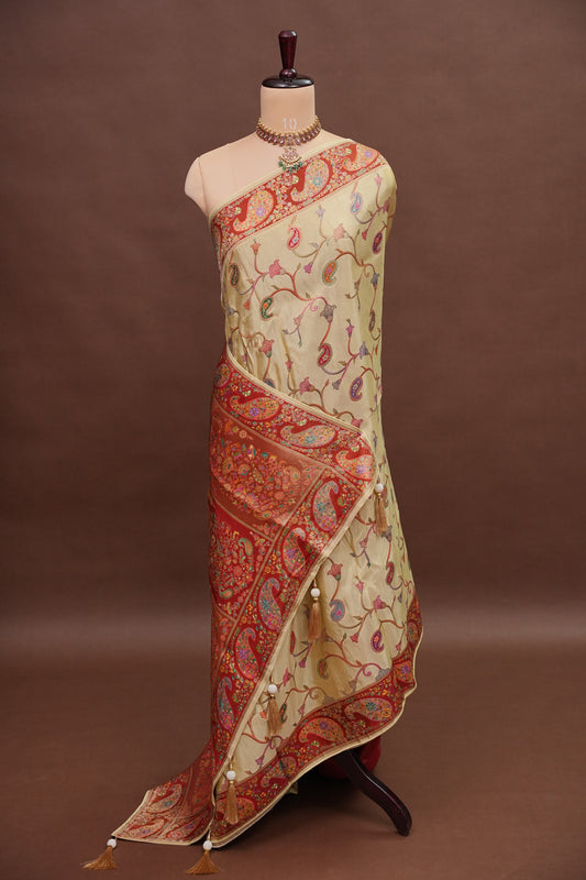 Kashmiri Pashmina Mellow Tissue Saree - Ivory Gold
