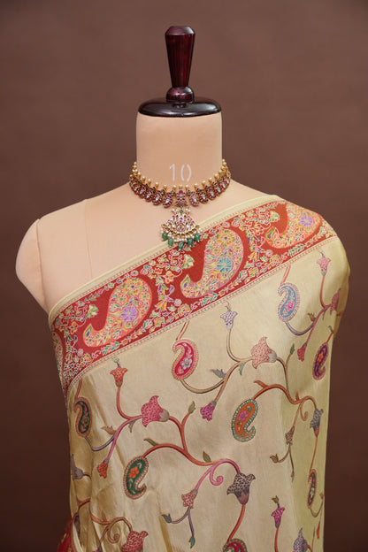 Kashmiri Pashmina Mellow Tissue Saree - Ivory Gold