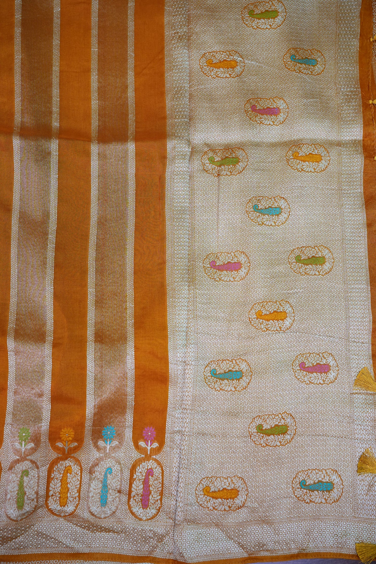Mellow Tissue & Banarasi Fusion Saree with Meenakari Detailing – Mustard Yellow
