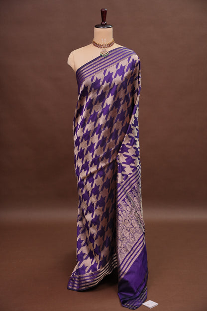 Geometric Patterned Pure Handloom Silk Katan Banaras Saree – Royal Purple
