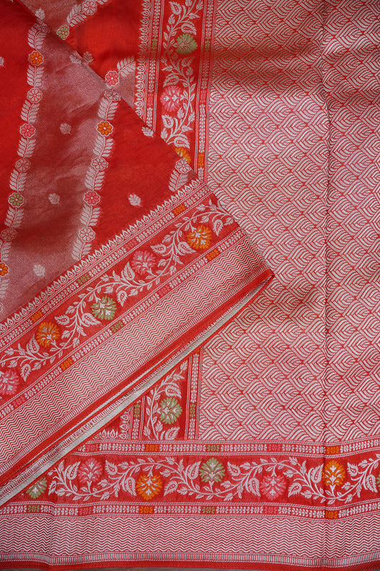 Mellow Tissue & Banarasi Fusion Saree with Meenakari Detailing – Red