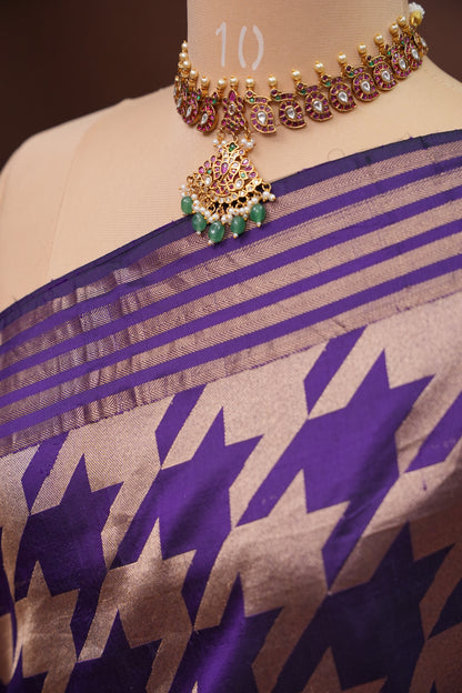 Geometric Patterned Pure Handloom Silk Katan Banaras Saree – Royal Purple