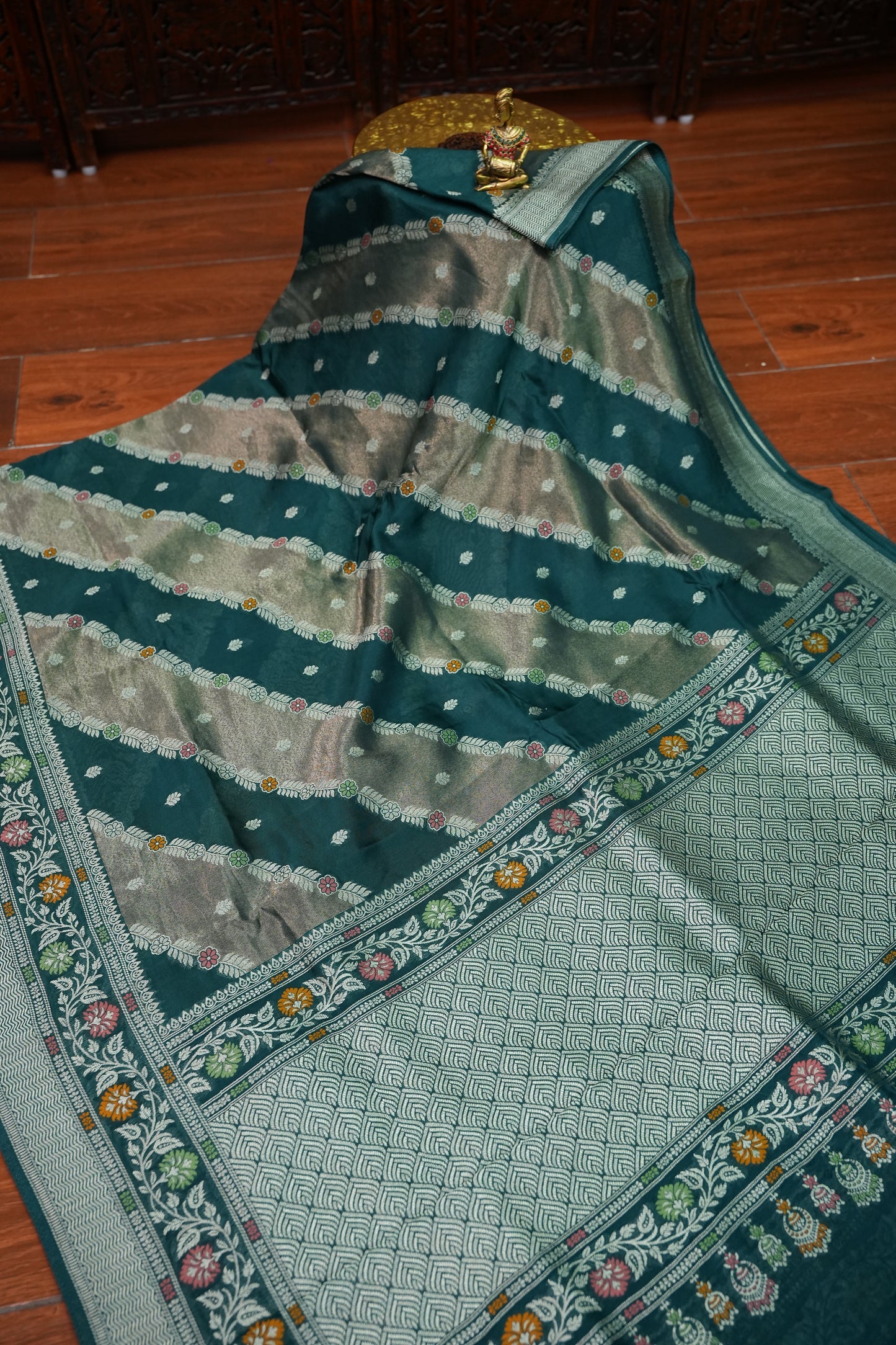 Mellow Tissue & Banarasi Fusion Saree with Meenakari Detailing – Teal Green