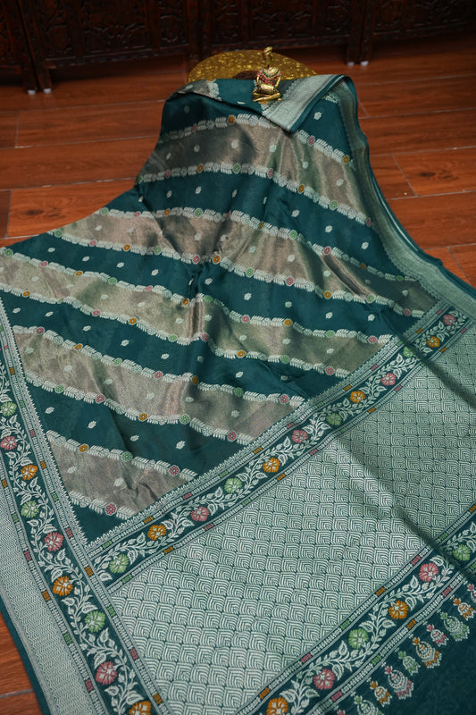 Mellow Tissue & Banarasi Fusion Saree with Meenakari Detailing – Teal Green