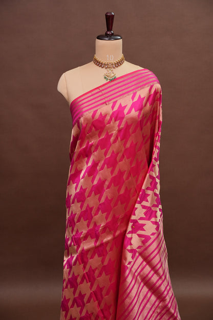 Geometric Patterned Pure Handloom Silk Katan Banaras Saree - Hot Pink
