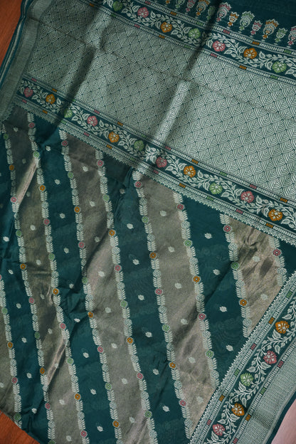 Mellow Tissue & Banarasi Fusion Saree with Meenakari Detailing – Teal Green