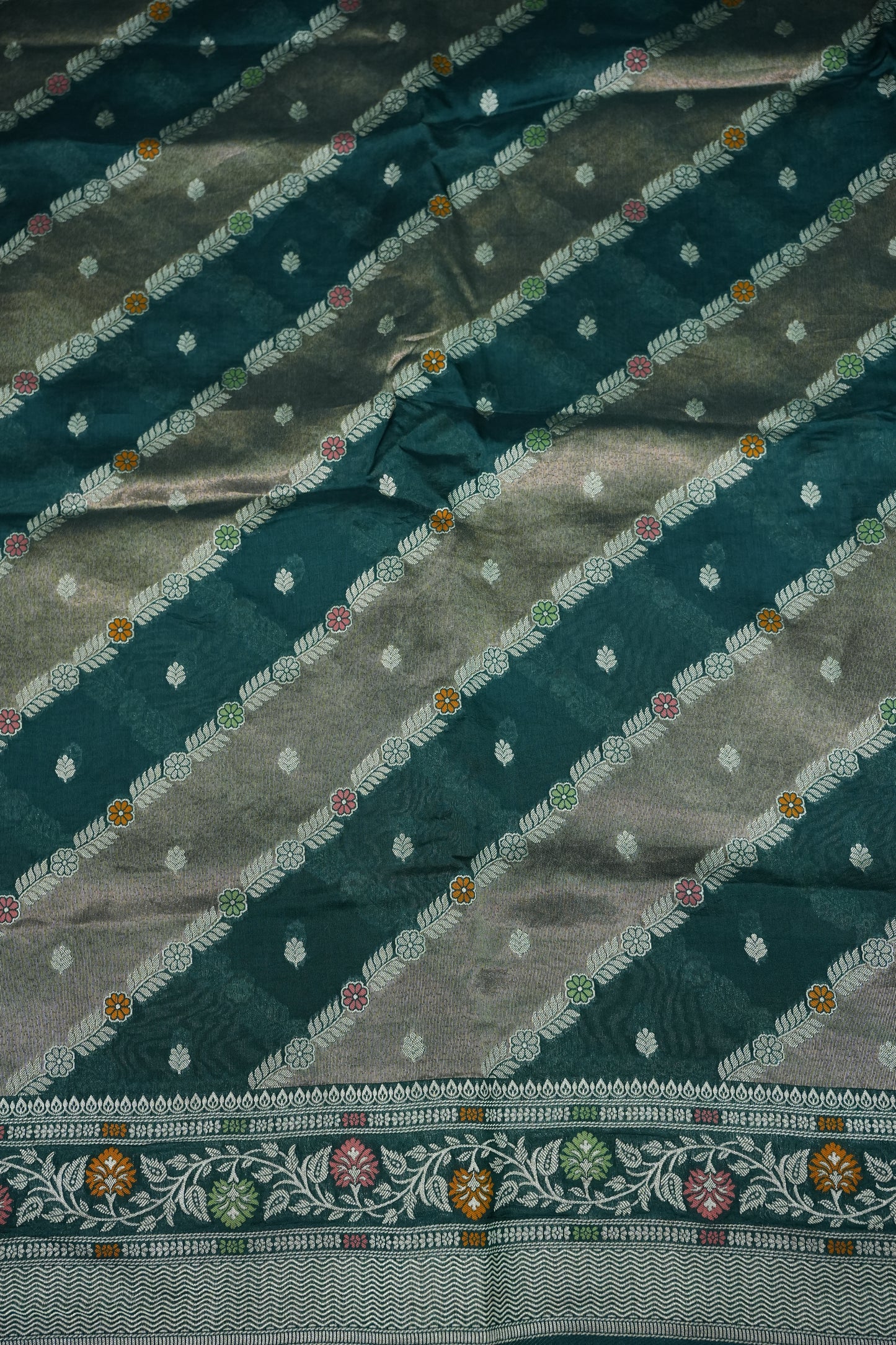 Mellow Tissue & Banarasi Fusion Saree with Meenakari Detailing – Teal Green