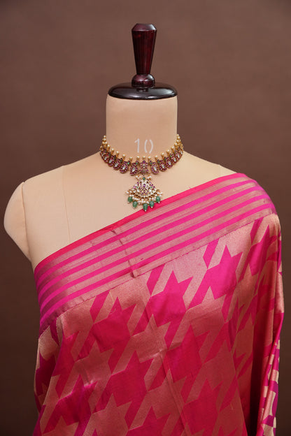 Geometric Patterned Pure Handloom Silk Katan Banaras Saree - Hot Pink
