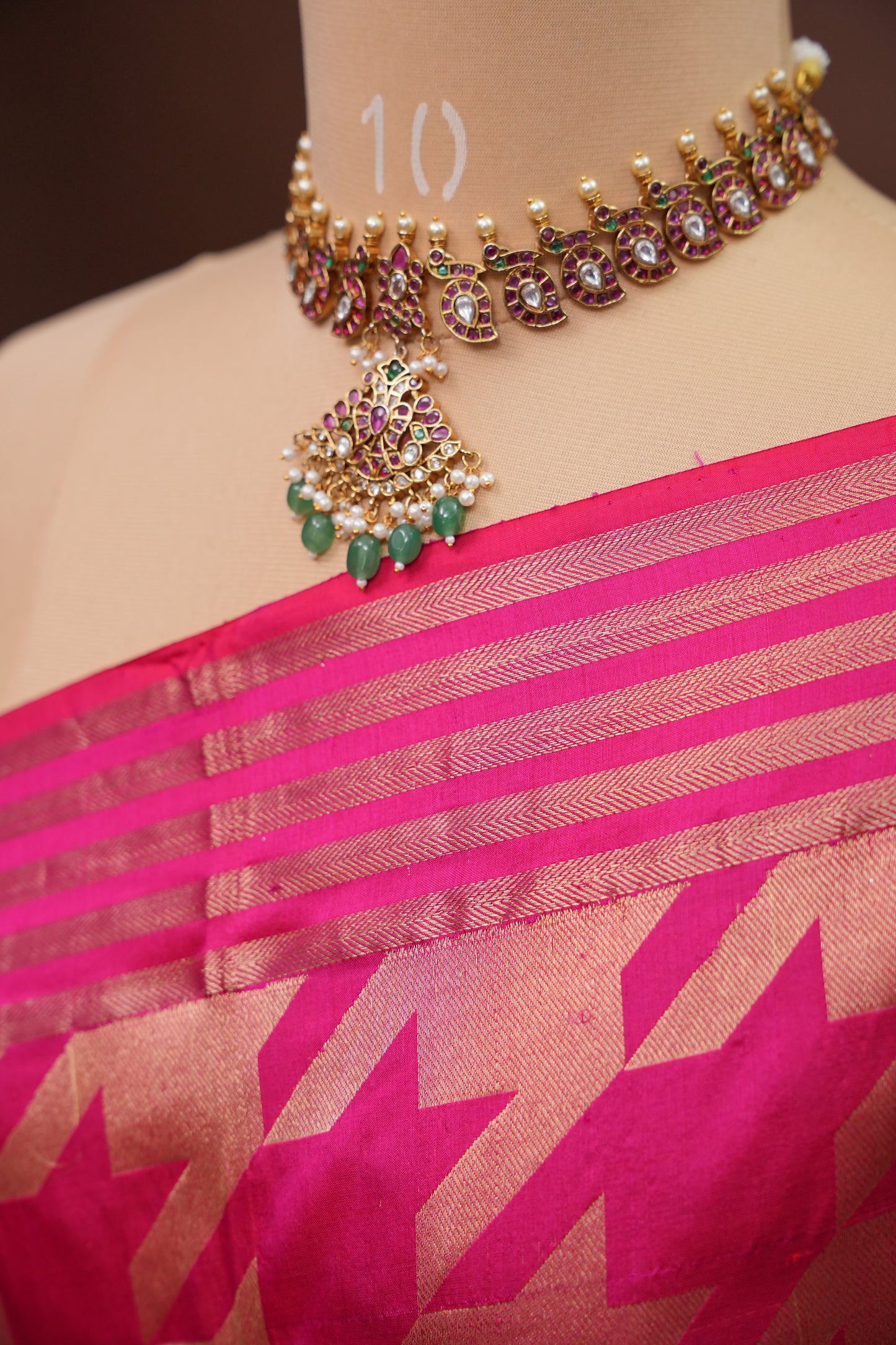 Geometric Patterned Pure Handloom Silk Katan Banaras Saree - Hot Pink