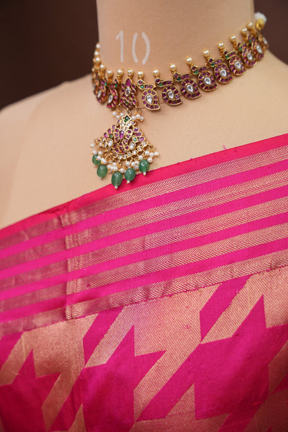 Geometric Patterned Pure Handloom Silk Katan Banaras Saree - Hot Pink