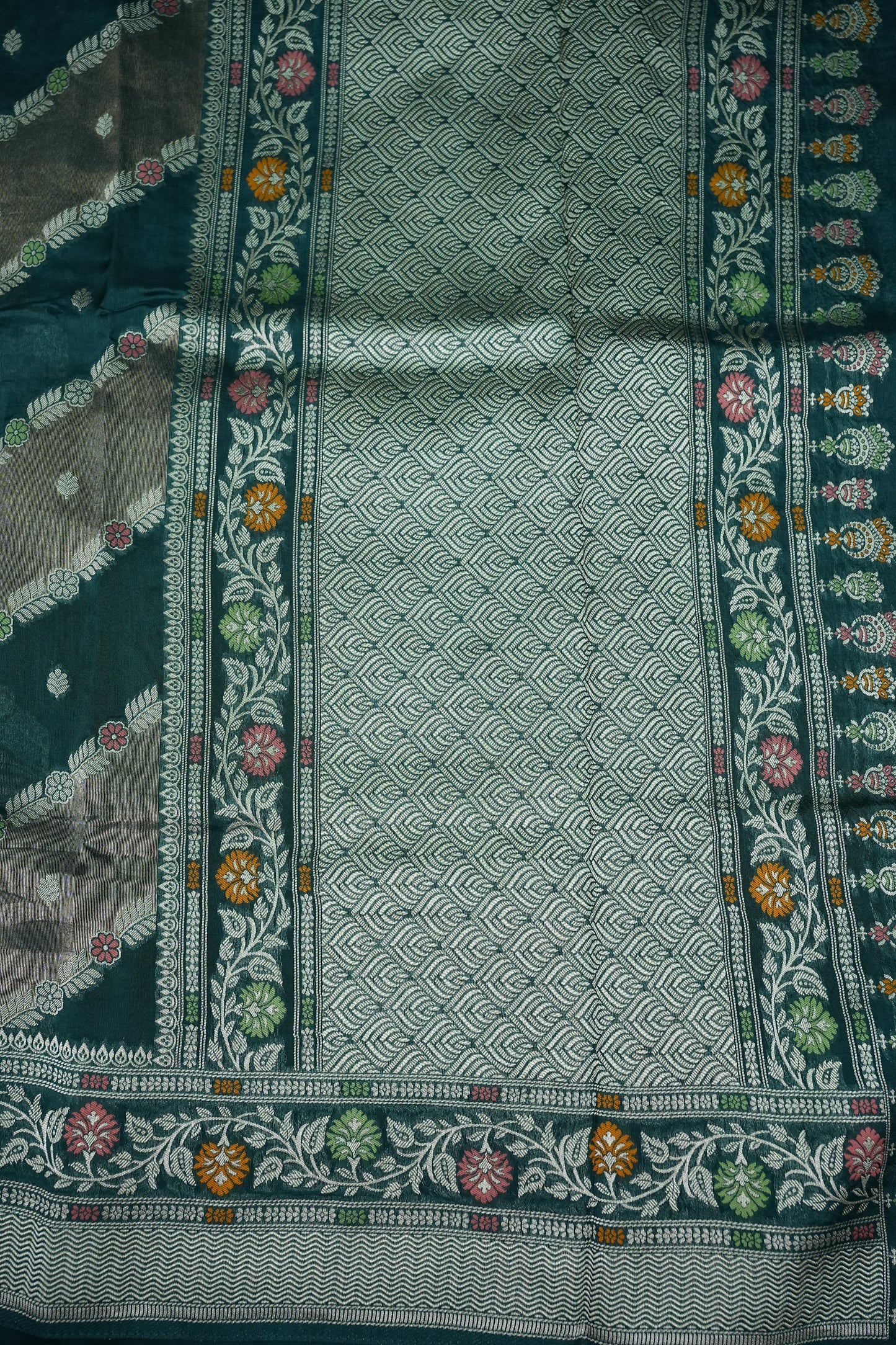 Mellow Tissue & Banarasi Fusion Saree with Meenakari Detailing – Teal Green