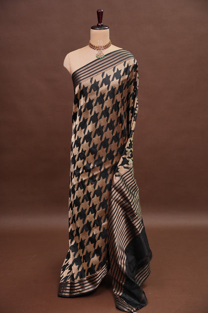 Geometric Patterned Pure Handloom Silk Katan Banaras Saree – Black