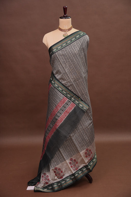 Chanderi Silk Cotton Block Printed Saree - Grey & Black