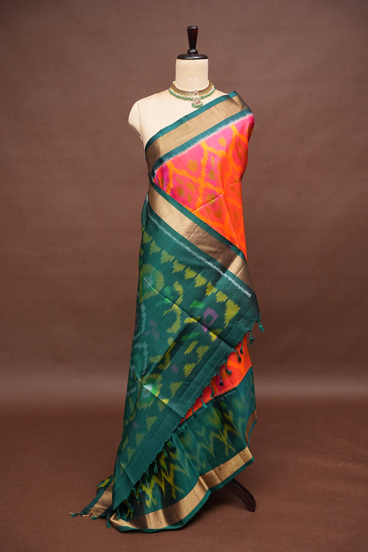 Pure Ikkat Soft Silk Saree - Peachy Pink & Bottle Green