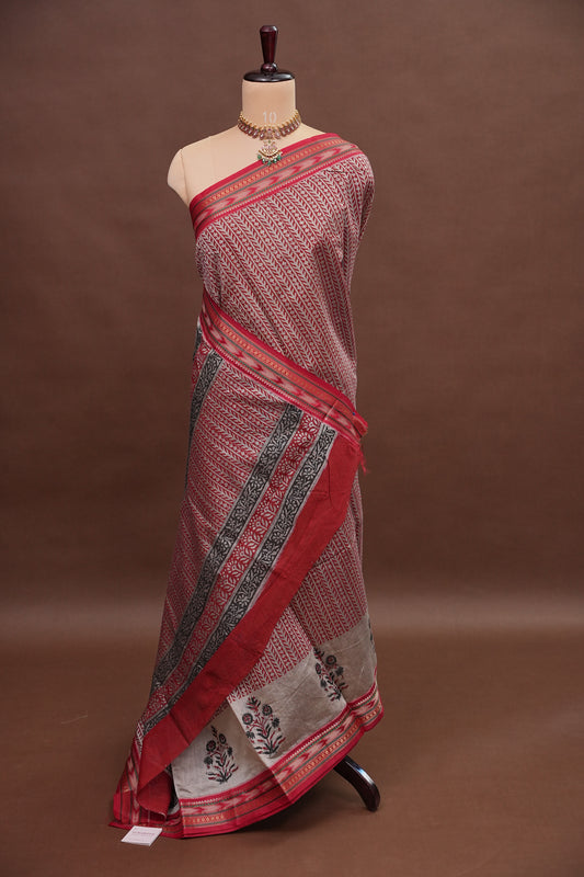 Chanderi Silk Cotton Block Printed Saree - Grey & Red