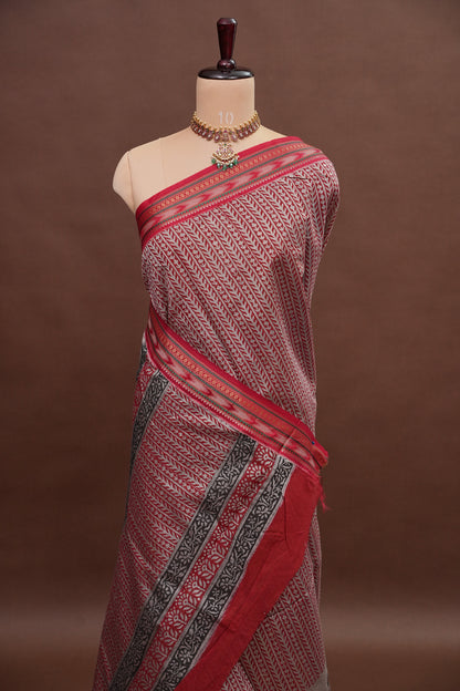 Chanderi Silk Cotton Block Printed Saree - Grey & Red
