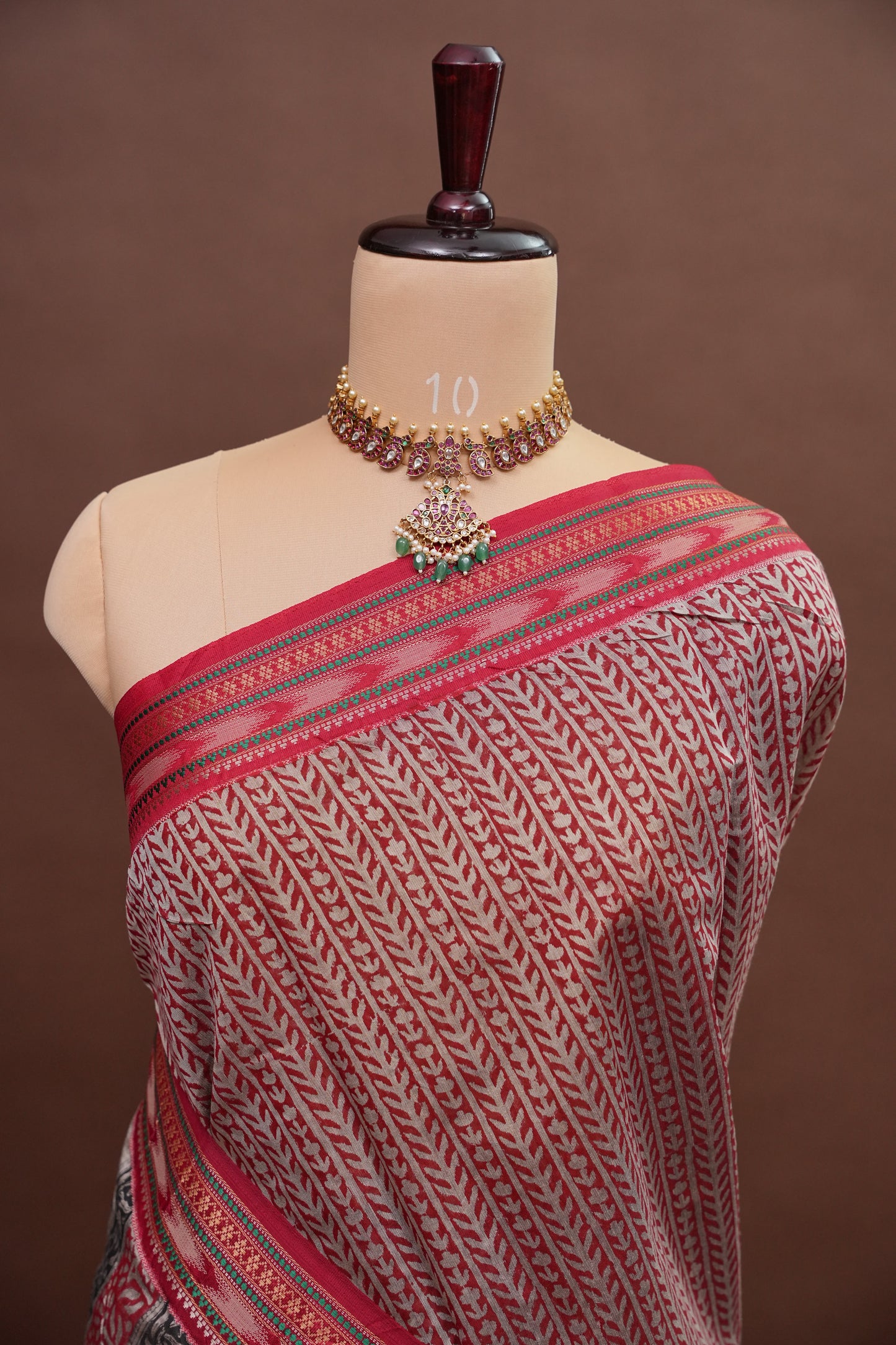 Chanderi Silk Cotton Block Printed Saree - Grey & Red