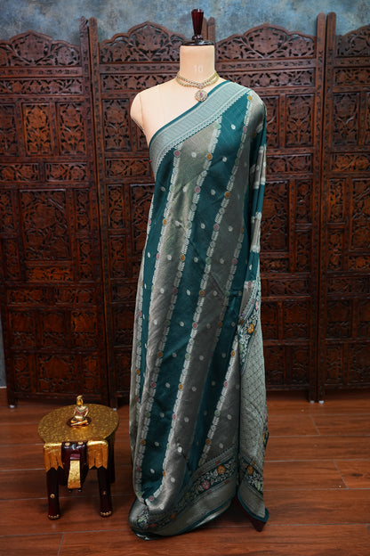 Mellow Tissue & Banarasi Fusion Saree with Meenakari Detailing – Teal Green