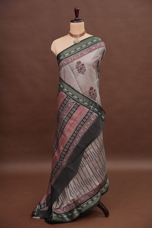 Chanderi Silk Cotton Block Printed Saree - Grey