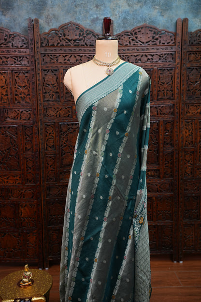 Mellow Tissue & Banarasi Fusion Saree with Meenakari Detailing – Teal Green