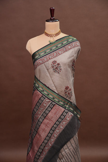 Chanderi Silk Cotton Block Printed Saree - Grey
