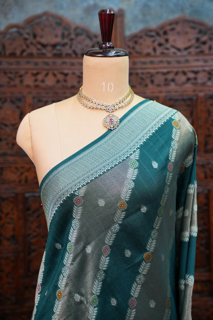 Mellow Tissue & Banarasi Fusion Saree with Meenakari Detailing – Teal Green