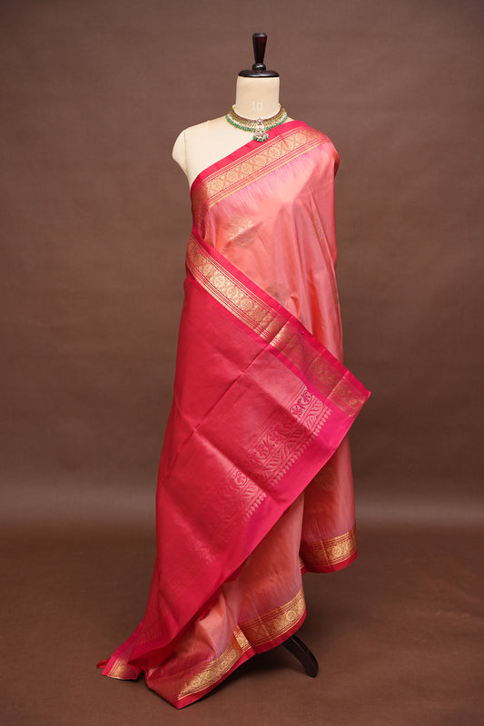 Pure Soft Silk Saree - Coral Pink & red