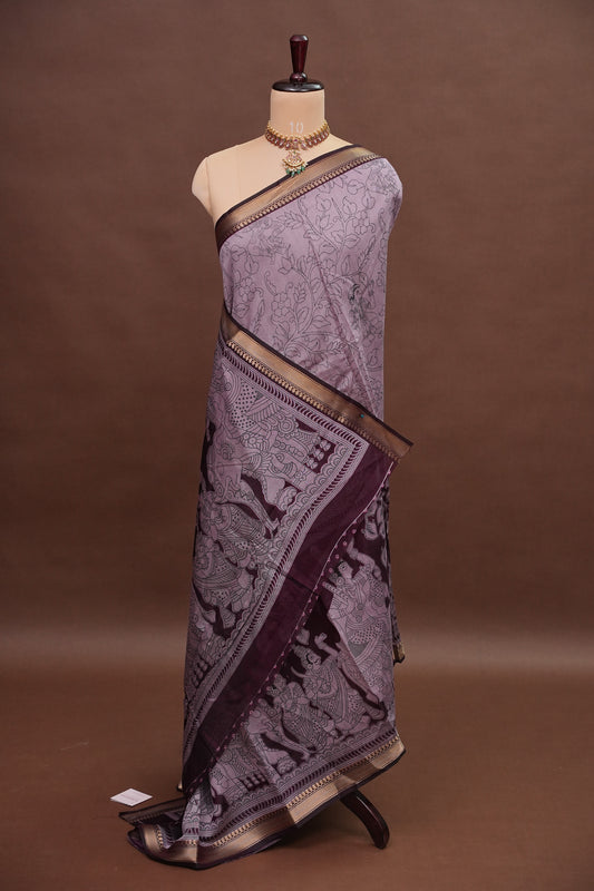 Chanderi Silk Cotton Kalamkari Printed Saree - Lavender