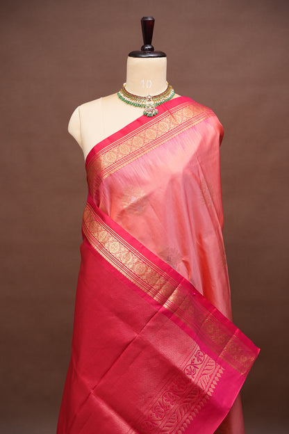 Pure Soft Silk Saree - Coral Pink & red