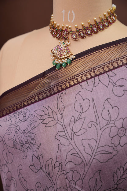 Chanderi Silk Cotton Kalamkari Printed Saree - Lavender