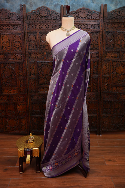 Mellow Tissue & Banarasi Fusion Saree with Meenakari Detailing – Deep Purple