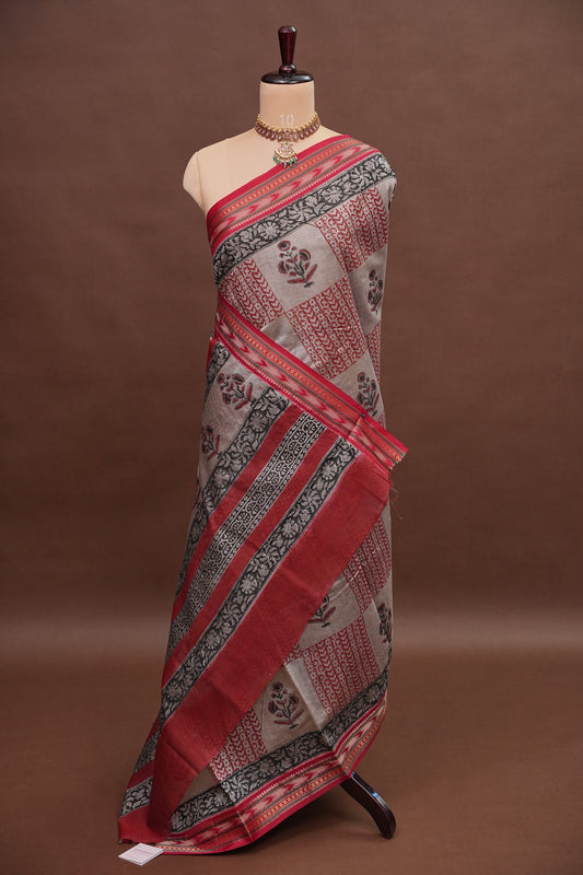 Chanderi Silk Cotton Block Printed Saree - Grey & Red