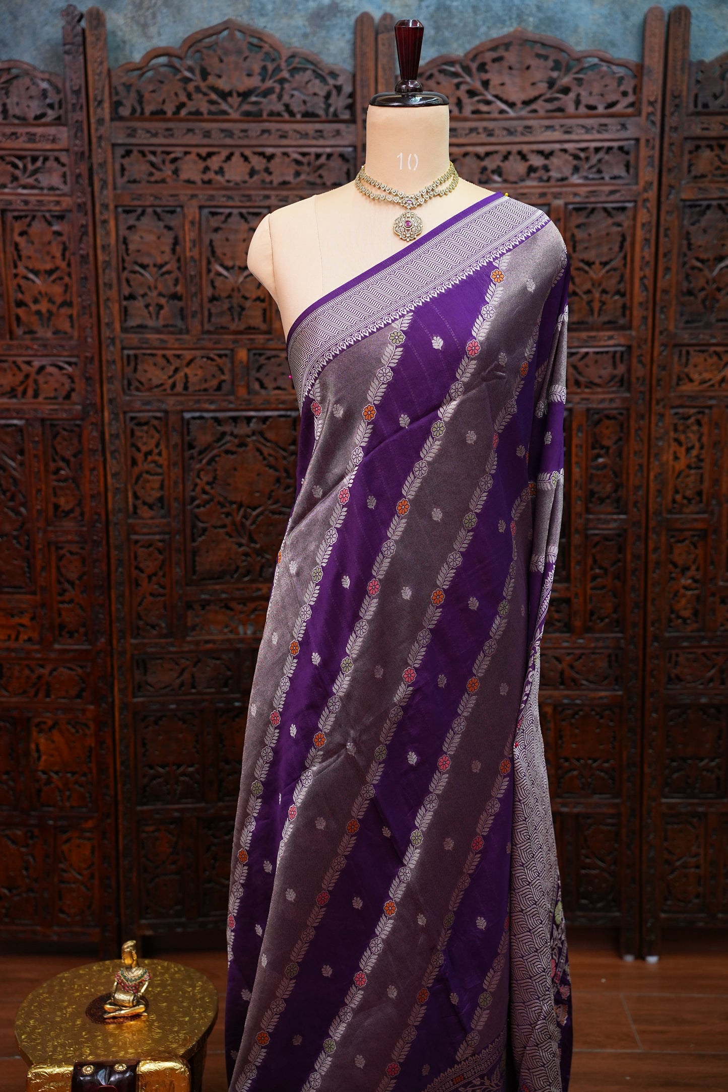 Mellow Tissue & Banarasi Fusion Saree with Meenakari Detailing – Deep Purple