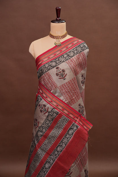 Chanderi Silk Cotton Block Printed Saree - Grey & Red