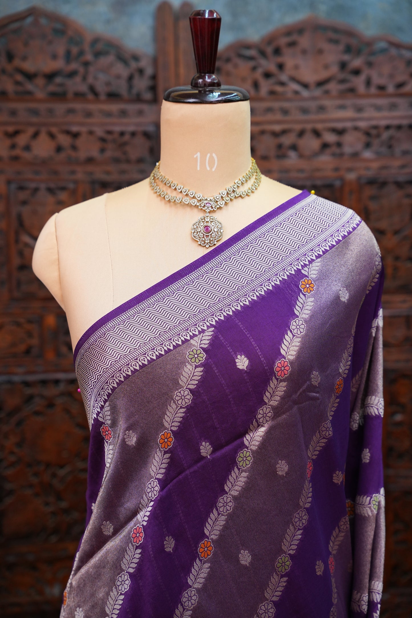 Mellow Tissue & Banarasi Fusion Saree with Meenakari Detailing – Deep Purple