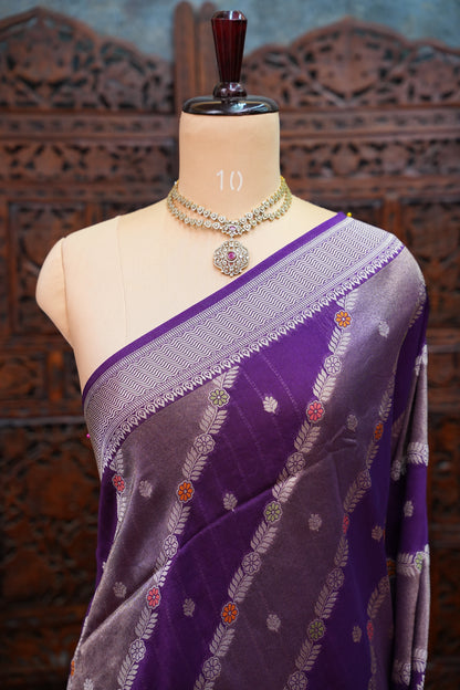Mellow Tissue & Banarasi Fusion Saree with Meenakari Detailing – Deep Purple