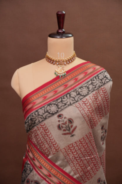 Chanderi Silk Cotton Block Printed Saree - Grey & Red