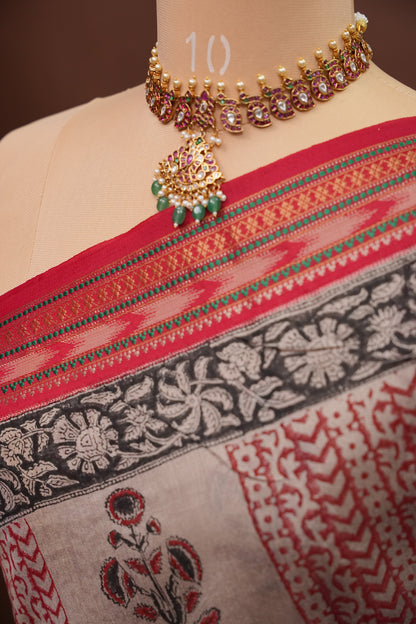 Chanderi Silk Cotton Block Printed Saree - Grey & Red