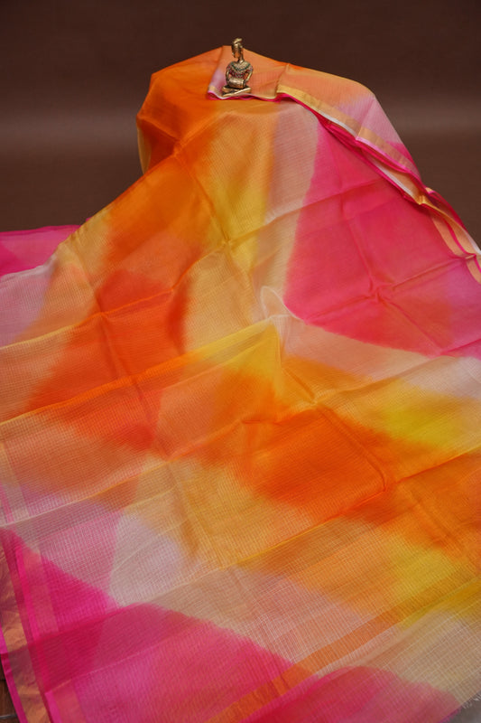 Silk Kota Multicolor Saree - Coral Pink, Orange & Yellow Blend