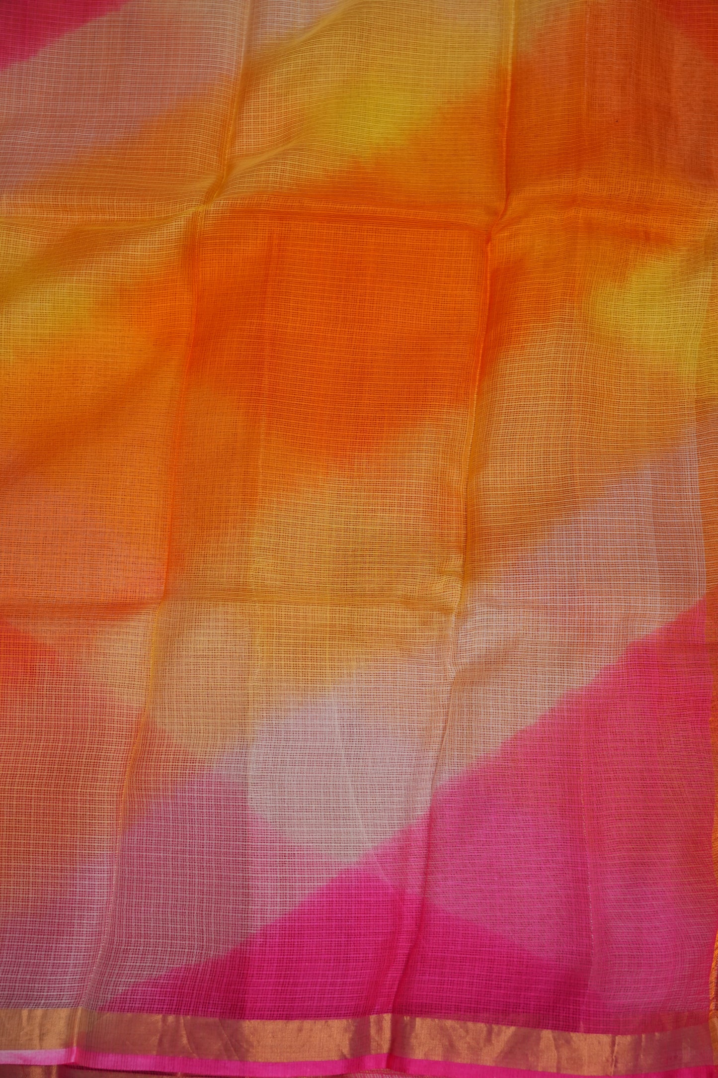 Silk Kota Multicolor Saree - Coral Pink, Orange & Yellow Blend