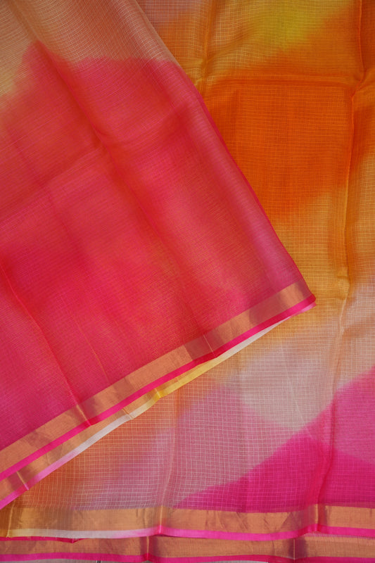Silk Kota Multicolor Saree - Coral Pink, Orange & Yellow Blend