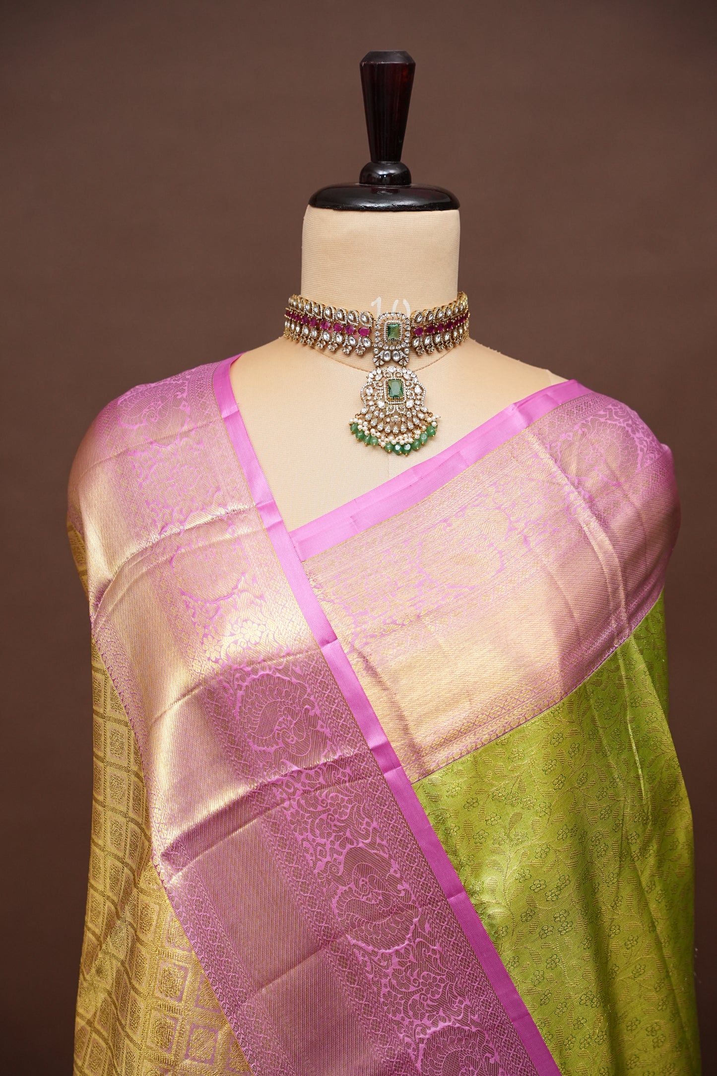 Parrot Green & Pink Pure Tissue Kanchipuram Silk Saree|Silk Mark Certified