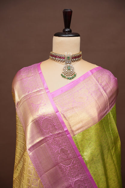 Parrot Green & Pink Pure Tissue Kanchipuram Silk Saree|Silk Mark Certified
